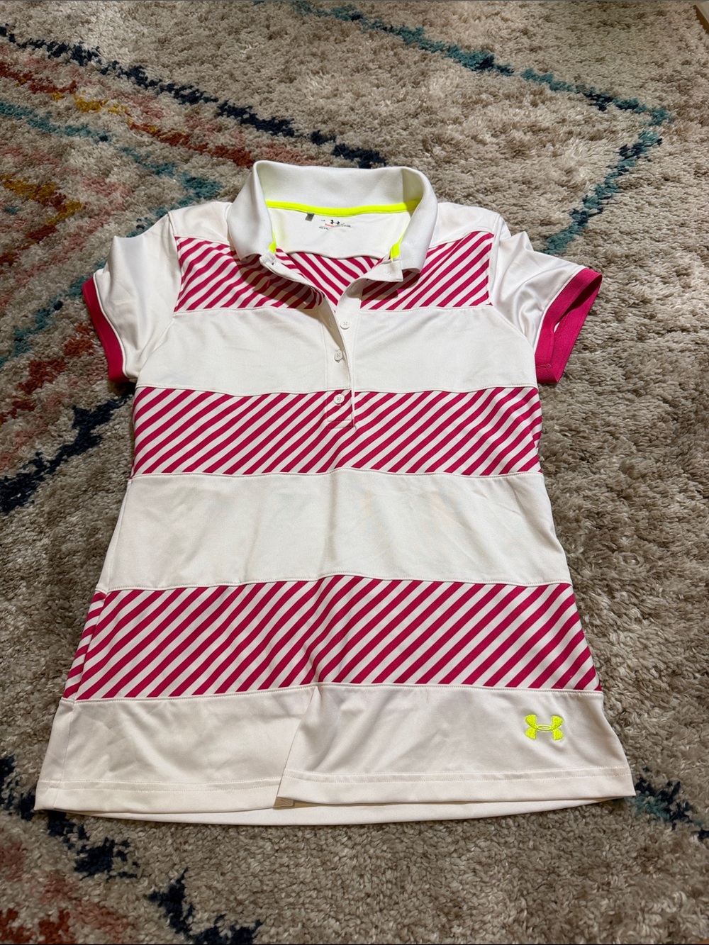 Under Armour White & Pink Striped Polo Top